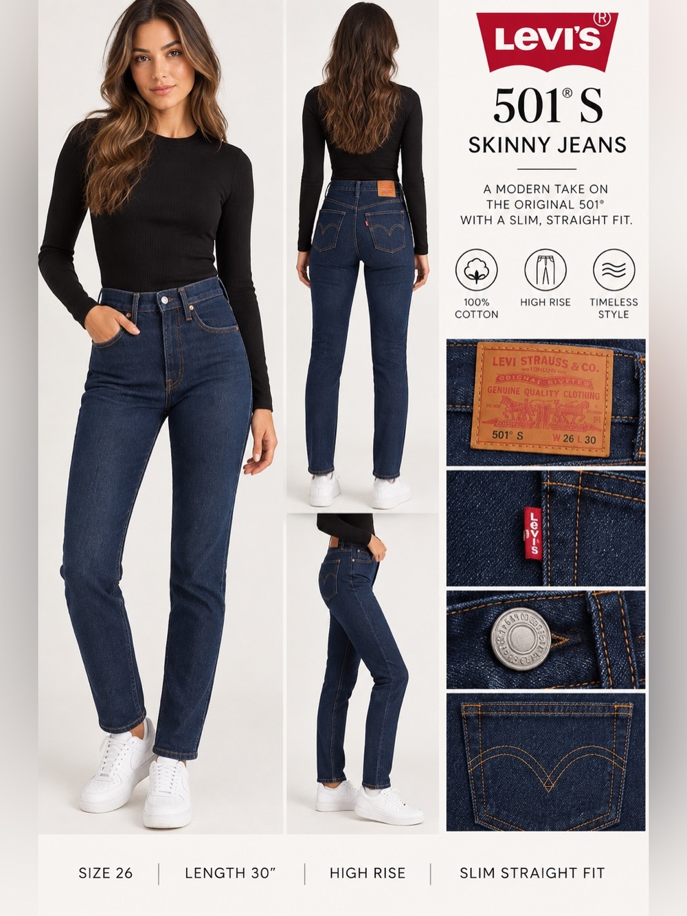 NWOT Levi's 501s Slim Straight Dark High Rise Jeans 25W 30L